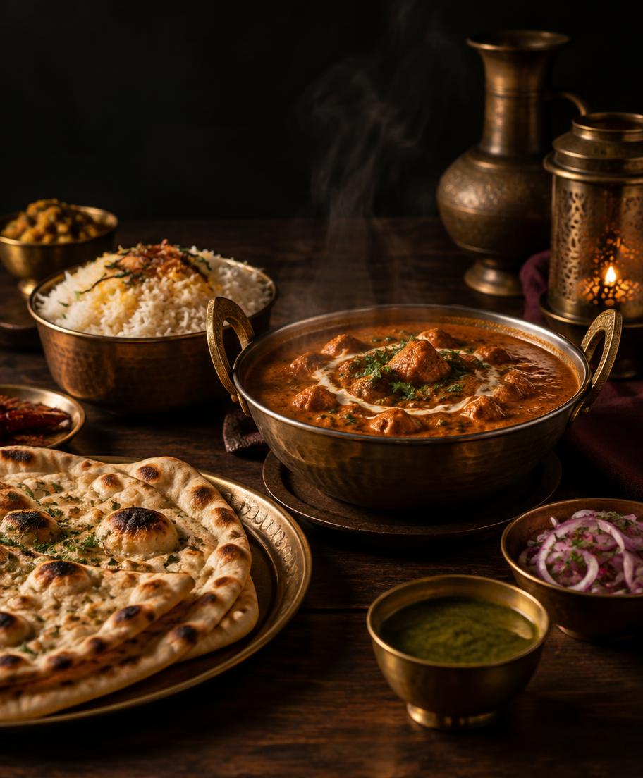 Naan, curry, rice and traditional sides