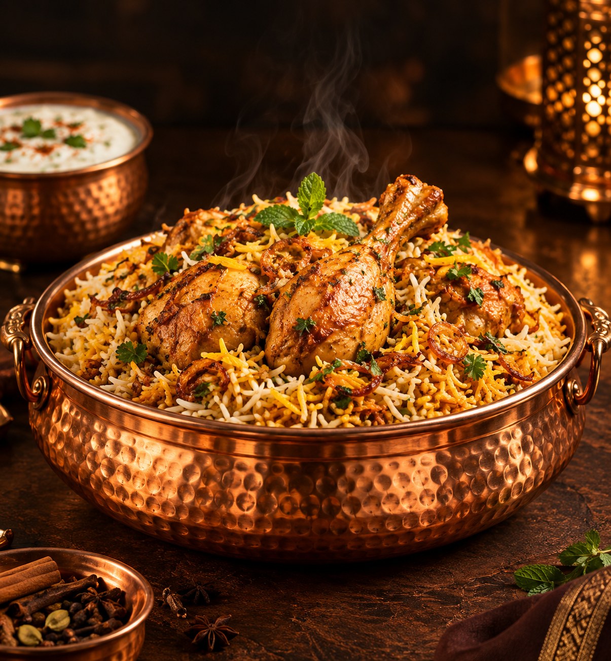 Chicken biryani served in a hammered copper bowl