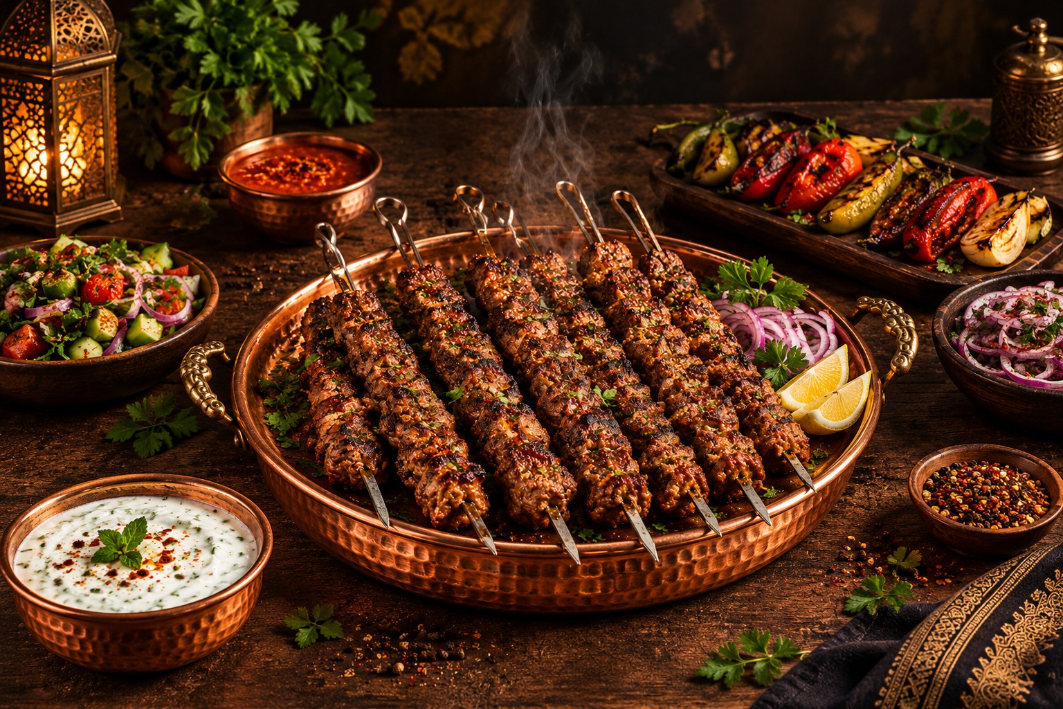 Flame-grilled seekh kebabs served with fresh salad and raita
