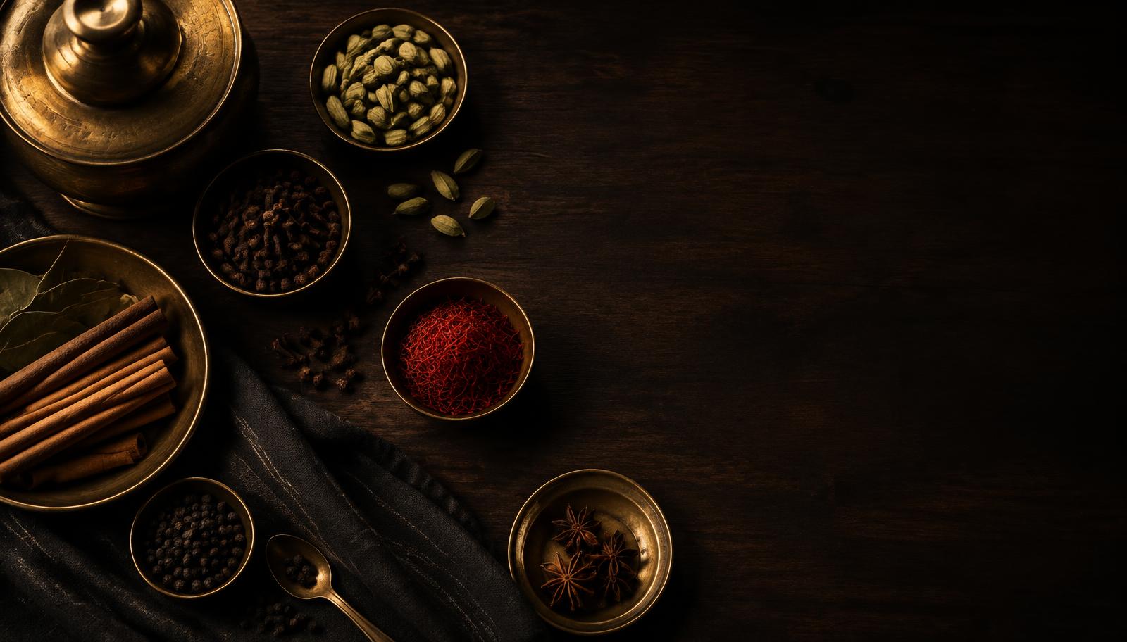 South Asian spices arranged on dark walnut